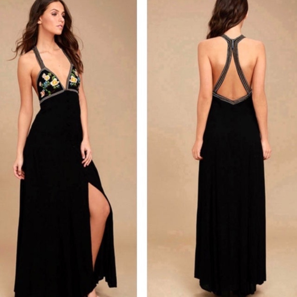 Lulu's Black Maxi Dress with Floral Embroidered Bodice